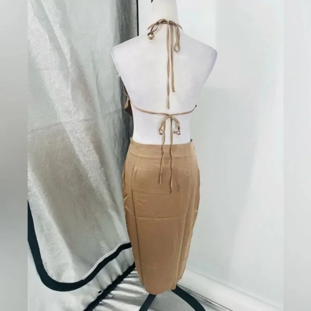 Nude Satin Halter Neck Backless Handkerchief Top and Front Silt Midi Skirt Set - Picture 14 of 17